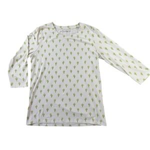 Summer & Sage Cactus Print Long Sleeve Top White Green Tencel Blend Medium